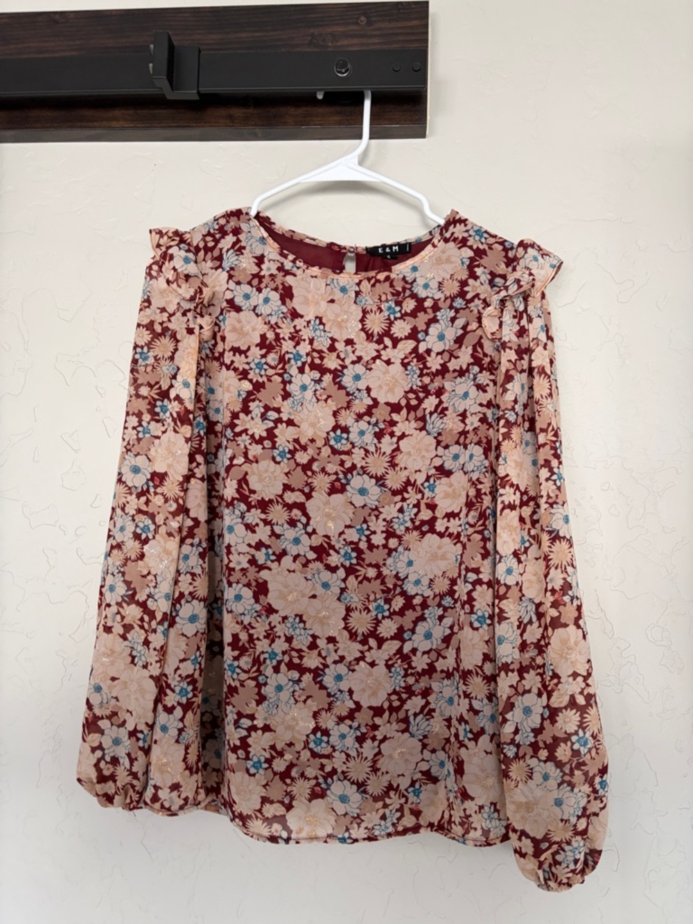 Floral Burgundy Long-Sleeve Blouse with Ruffle Shoulders